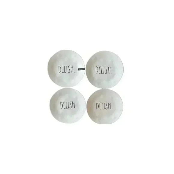 RAE DUNN MELAMINE DINNER PLATES "DELISH” 10.5 INCH WHITE/BLACK SET OF 4 NEW - Picture 1 of 4